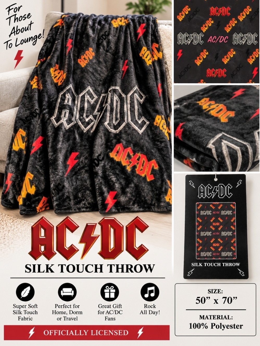 AC/DC Black Plush Throw Blanket with Red and Yellow Lightning Logos